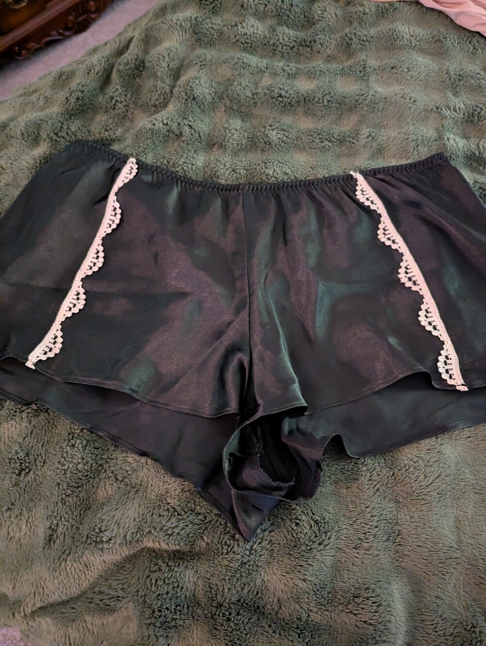 Gilligan & O'Malley Black Satin Sleep Shorts with White Lace Trim Accents